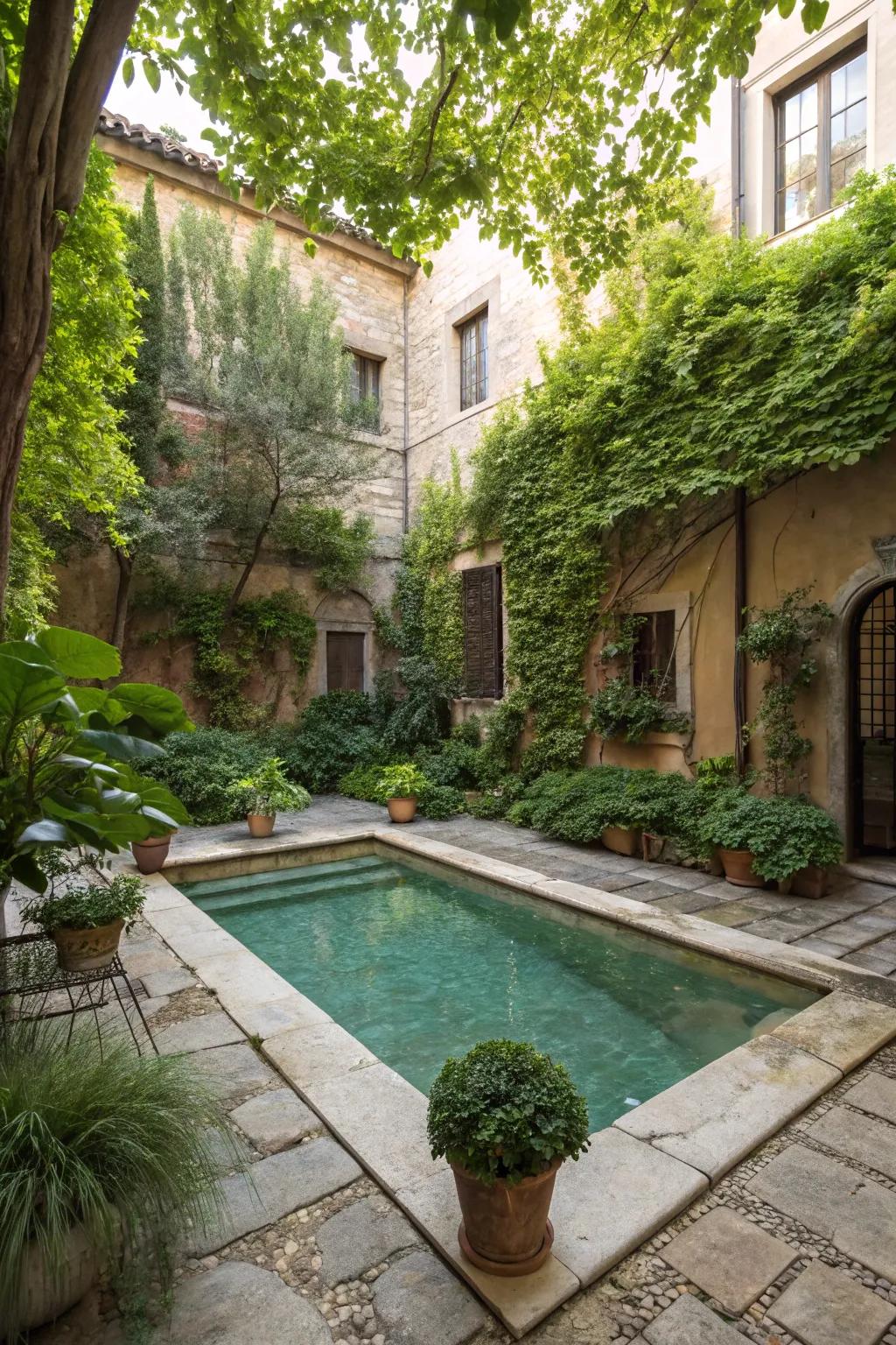 A green haven enveloping a sleek courtyard pool.