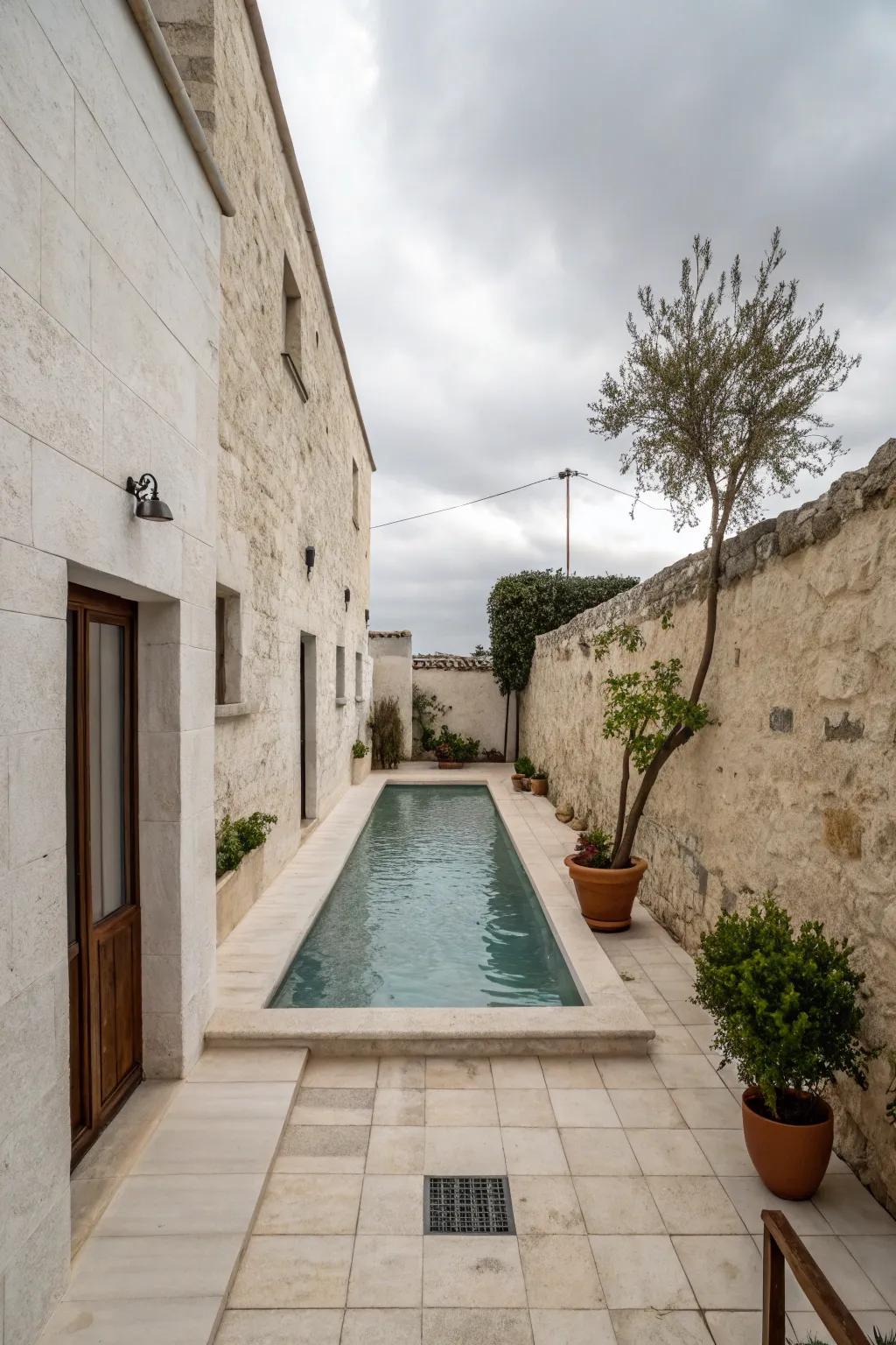 A sleek rectangular pool perfectly fitting a compact courtyard.