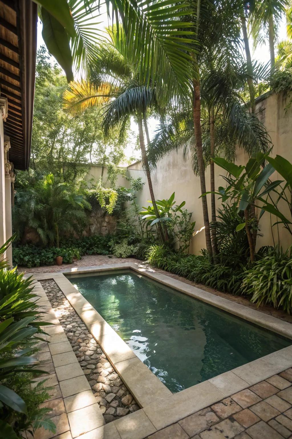 A tropical vibe enhancing a small courtyard pool.