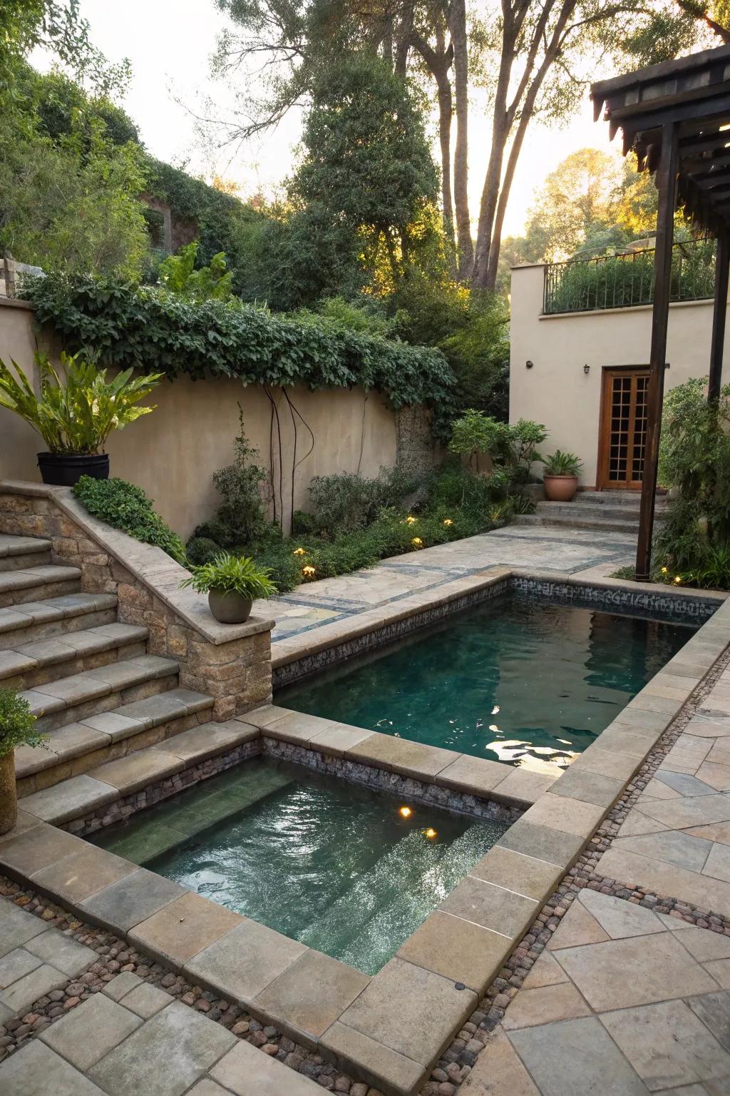 A multi-level design adding dimension to a small courtyard pool.