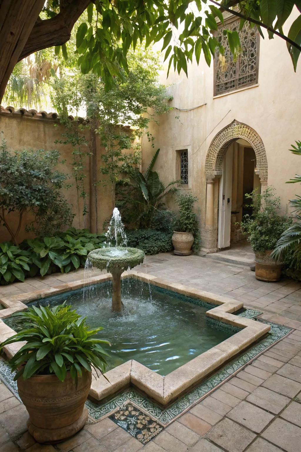 A tranquil small pool enhanced by a delightful water feature.