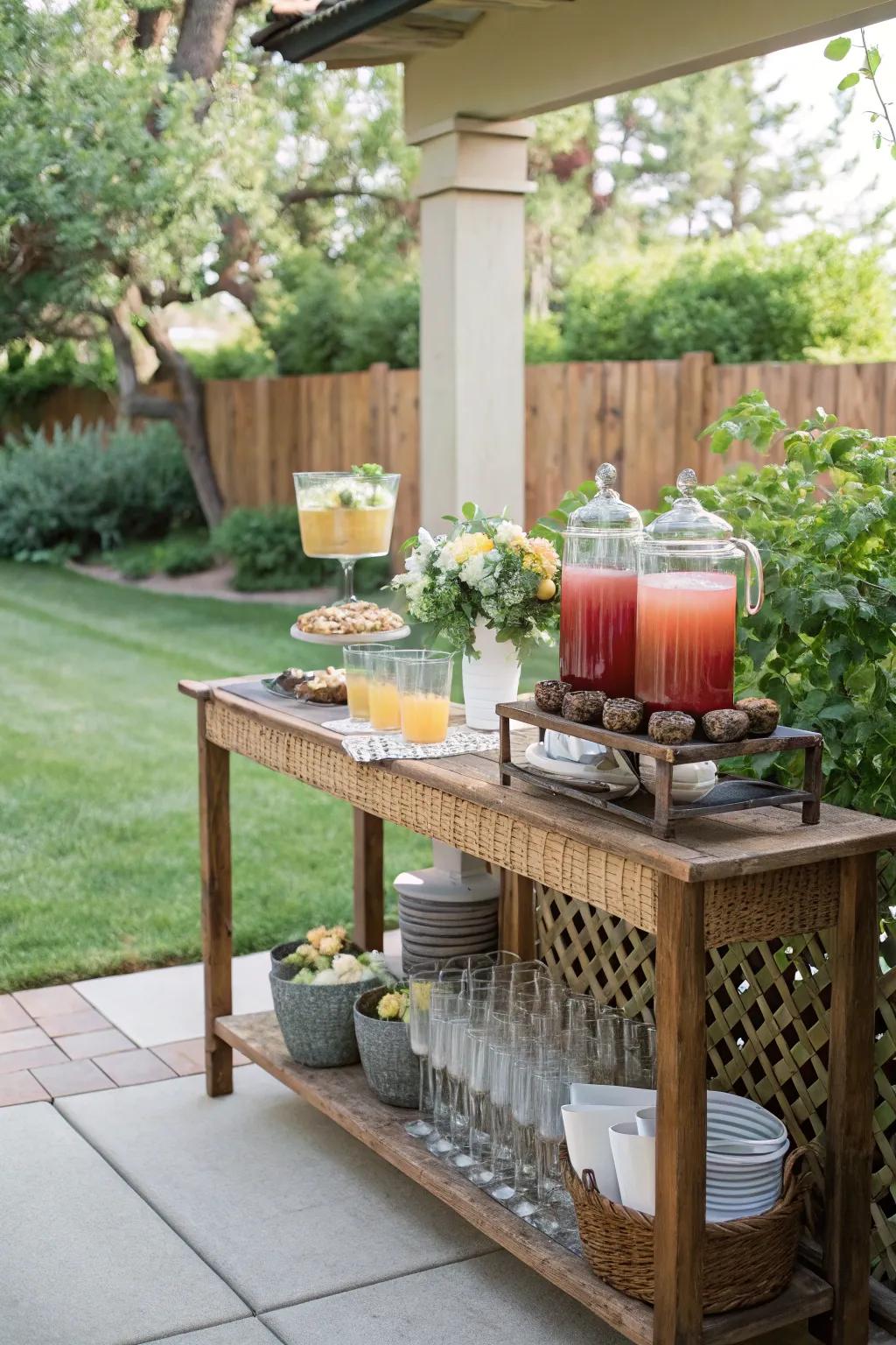 An entertainer’s dream with drink dispensers and glasses on the console table.
