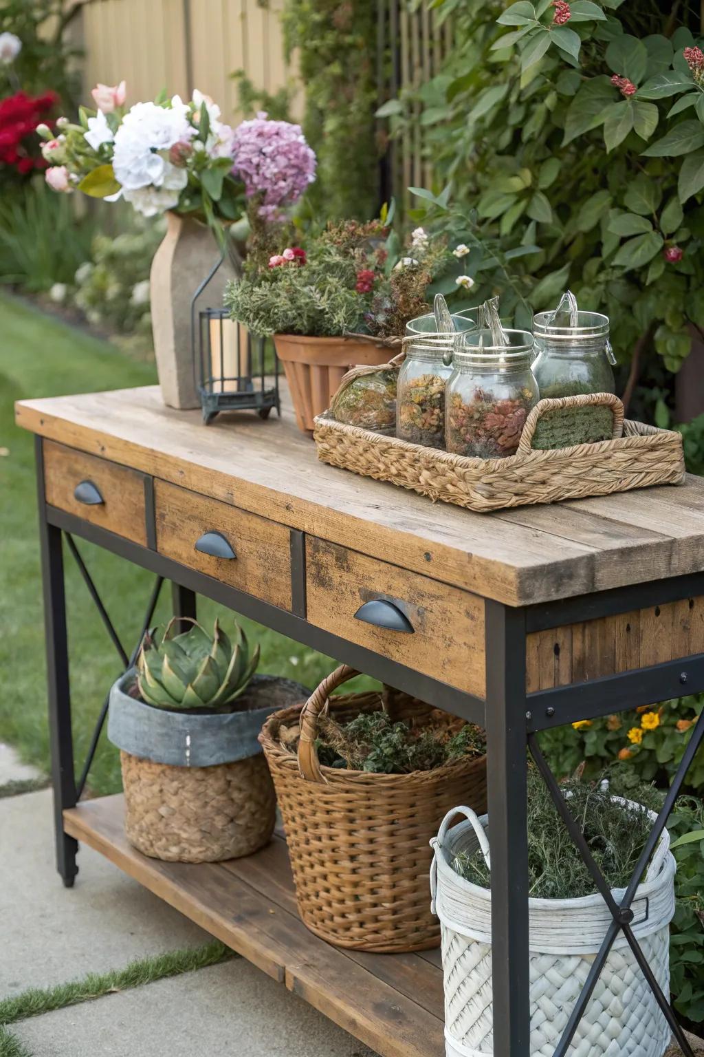Eco-friendly decor with upcycled materials on the outdoor console table.