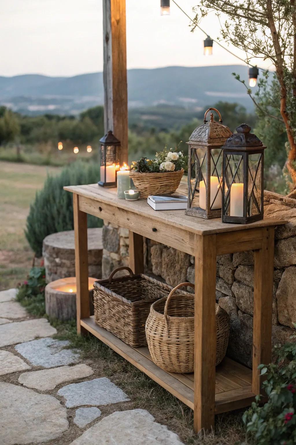 Rustic charm with vintage lanterns and a woven basket on a wooden console table.