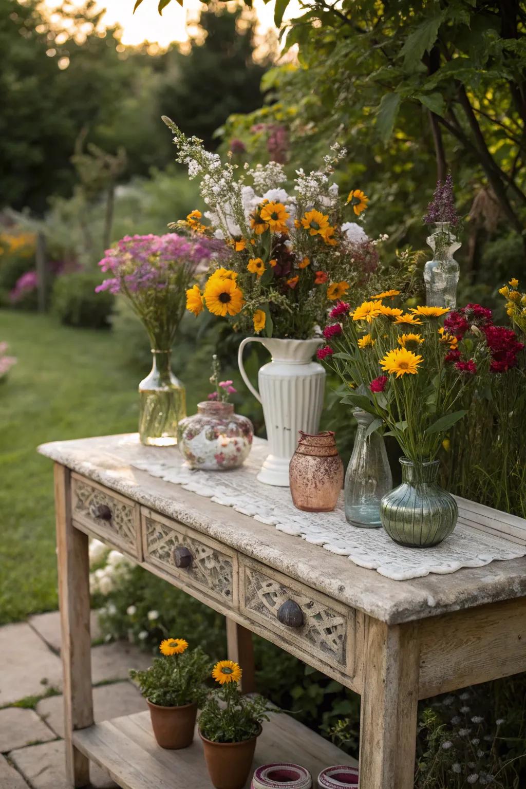 Wildflower wonder with assorted vases on the outdoor console table.