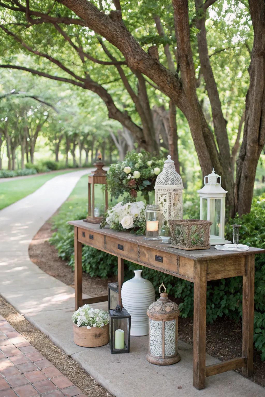Mix and match decor styles for a unique outdoor console table setup.