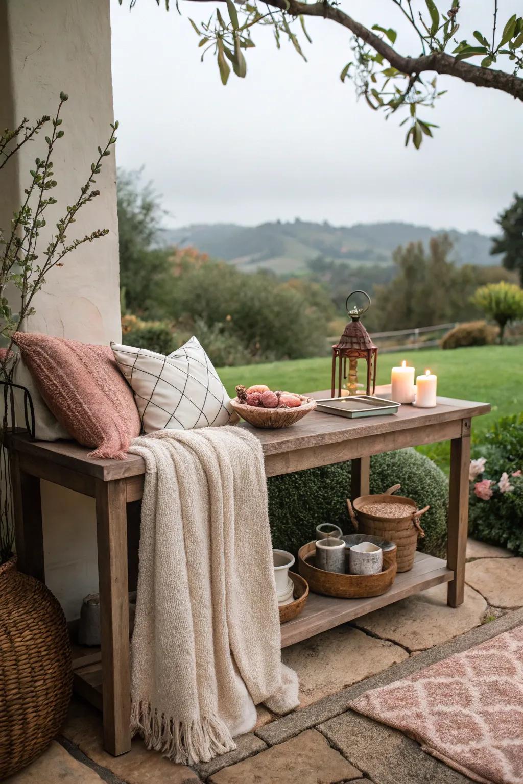 A cozy corner with throws and cushions on the outdoor console table.