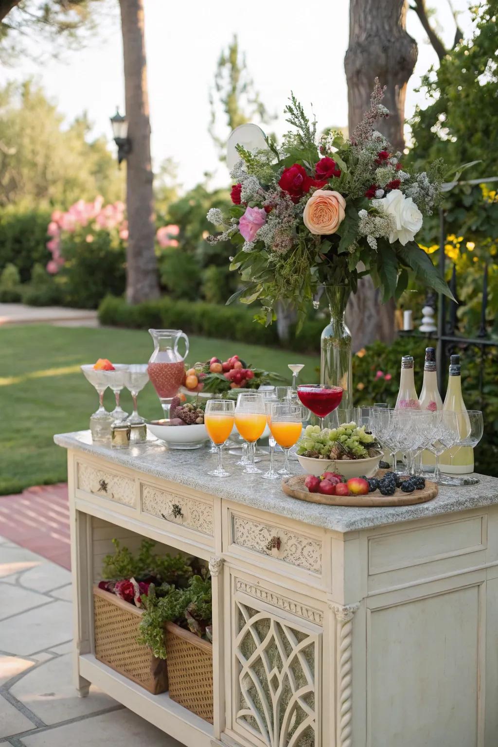 Garden party ready with a bar setup on the outdoor console table.