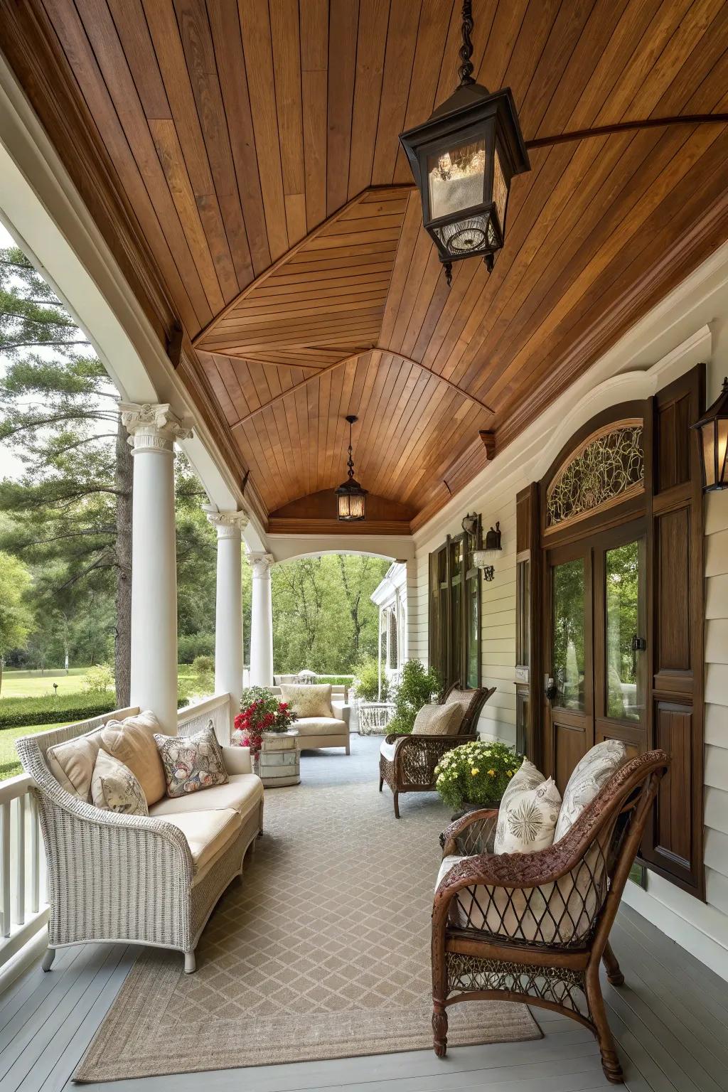 Porch enhanced with maple-stained tongue and groove ceiling.