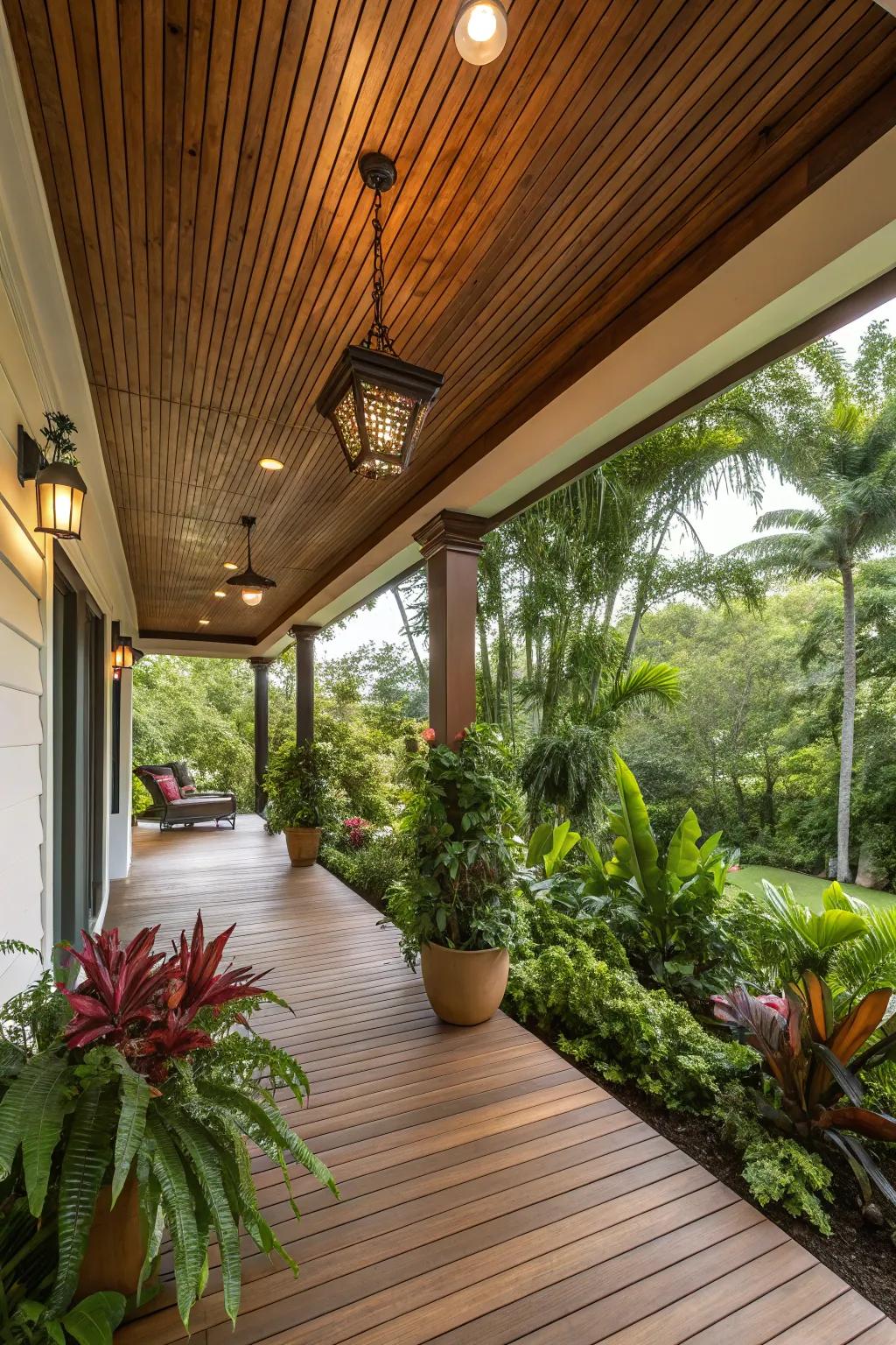 Porch styled with teak-stained wood ceiling.