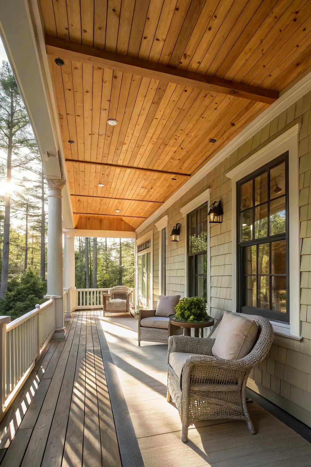 Fresh pine-stained porch ceiling providing natural light.