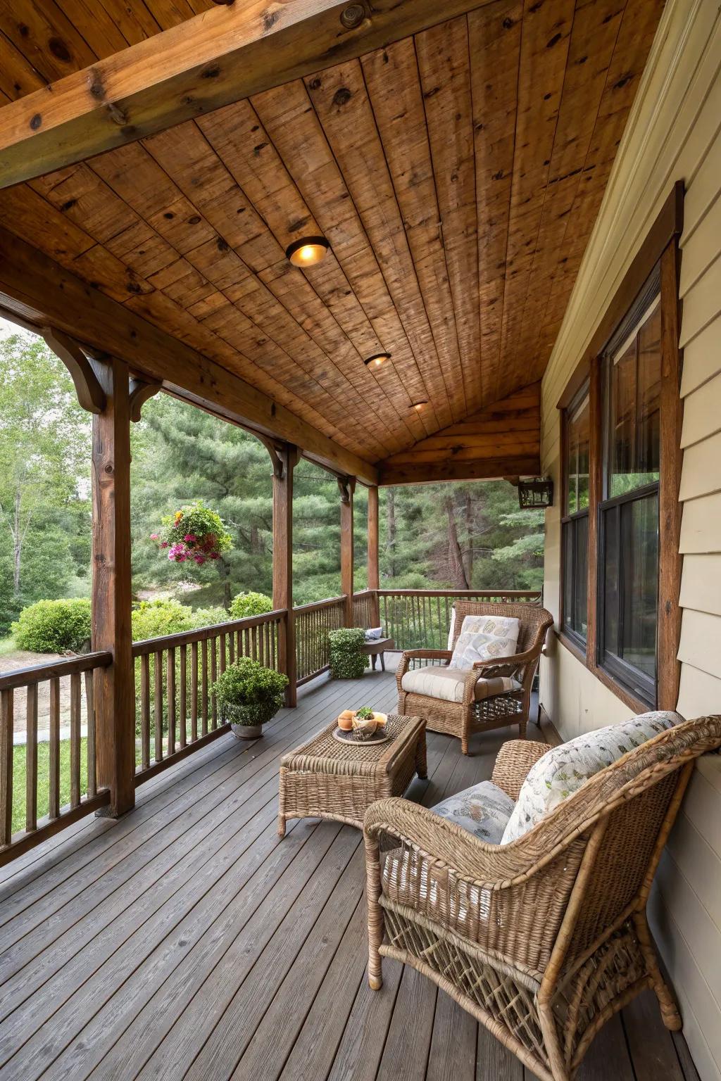 Rustic charm of knotty pine-stained ceiling.