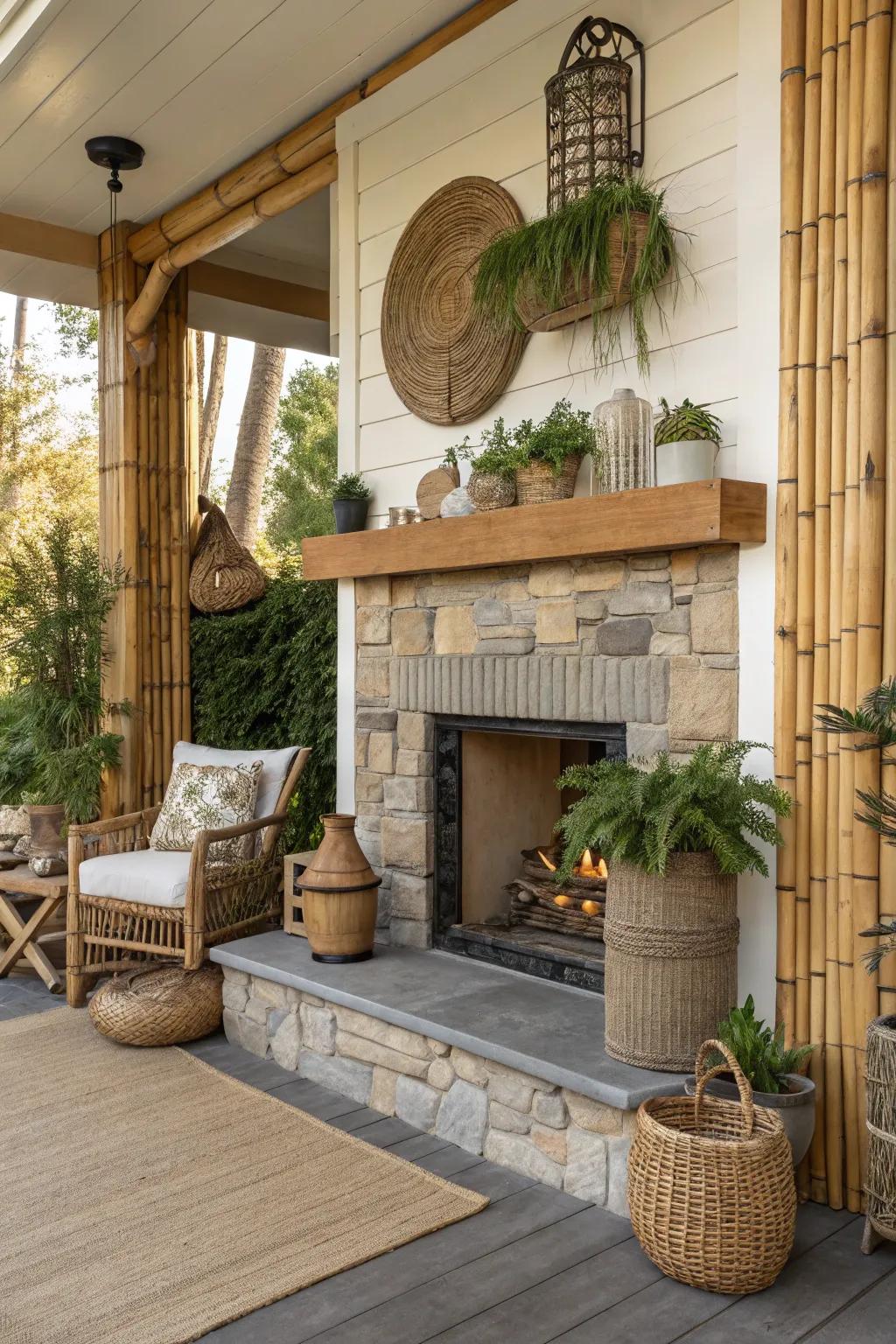 Introduce eco-friendly bamboo accents around your porch fireplace.