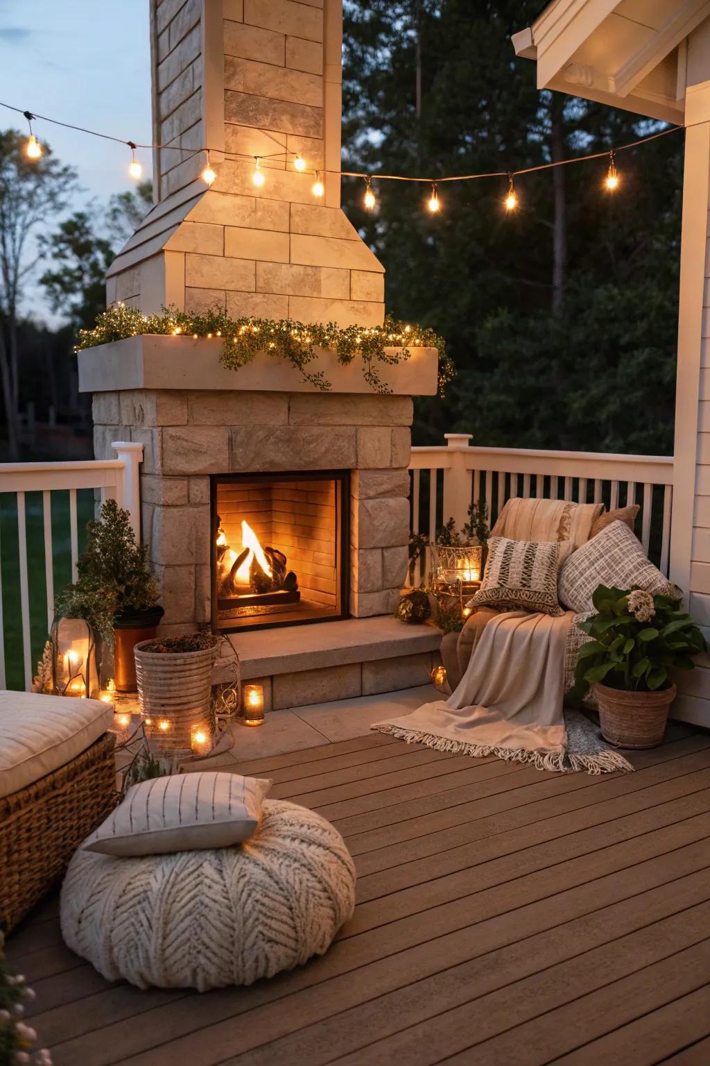 Amplify your porch fireplace with charming ambient lighting.
