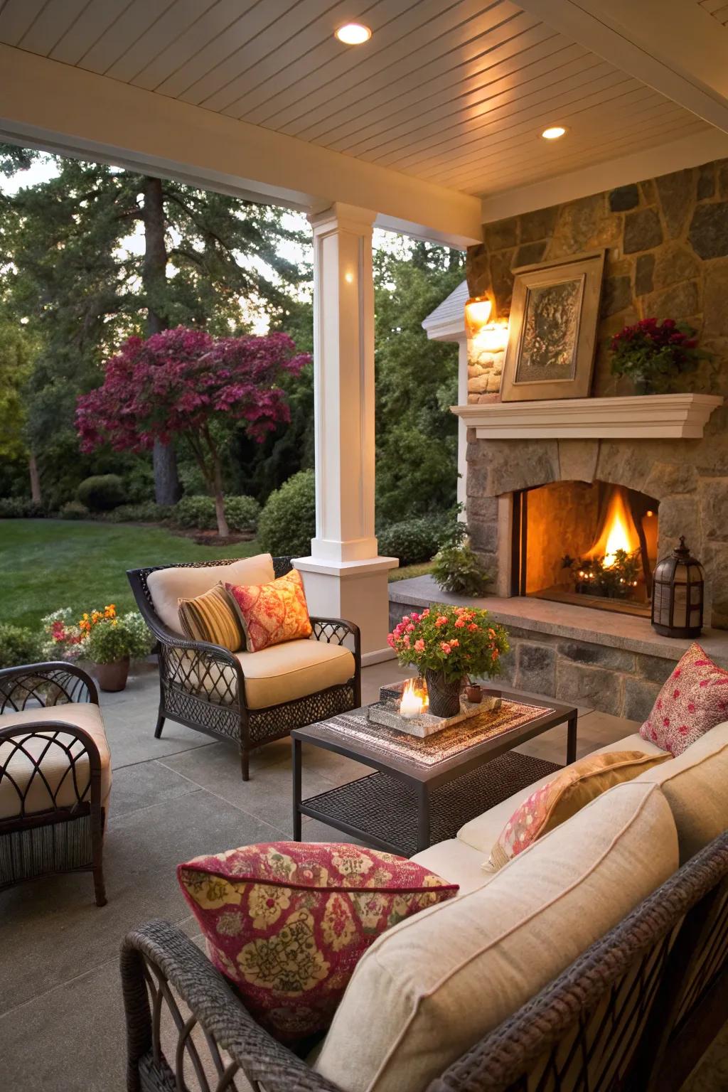 Design a comfortable outdoor living area centered on your fireplace.