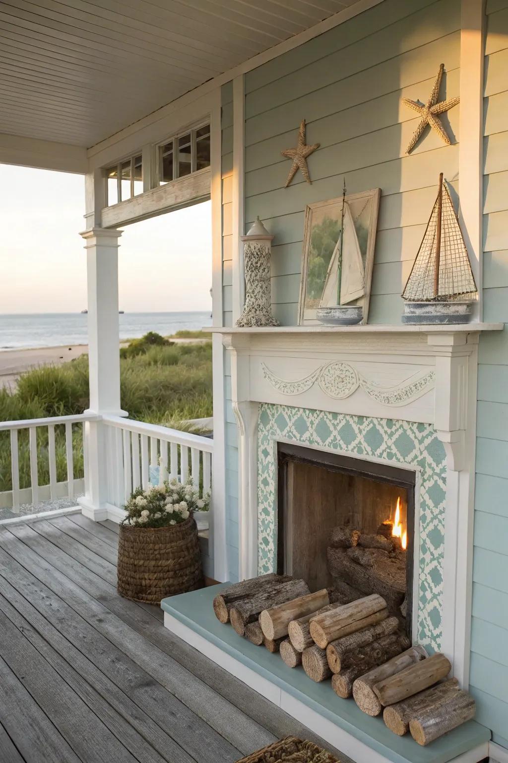 Enjoy a refreshing coastal vibe with a seaside-themed fireplace.