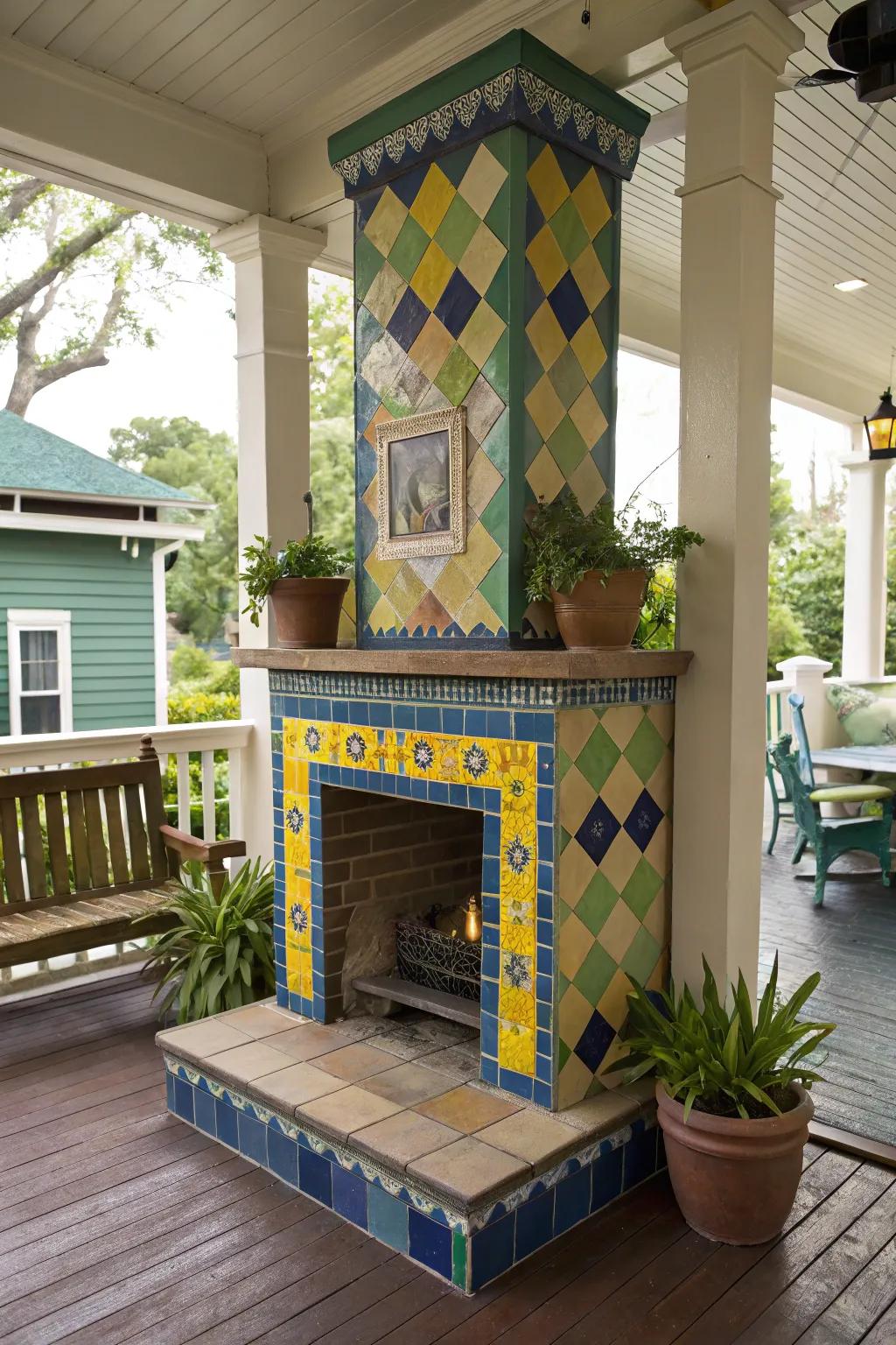 Introduce lively tile patterns to brighten your fireplace surround.