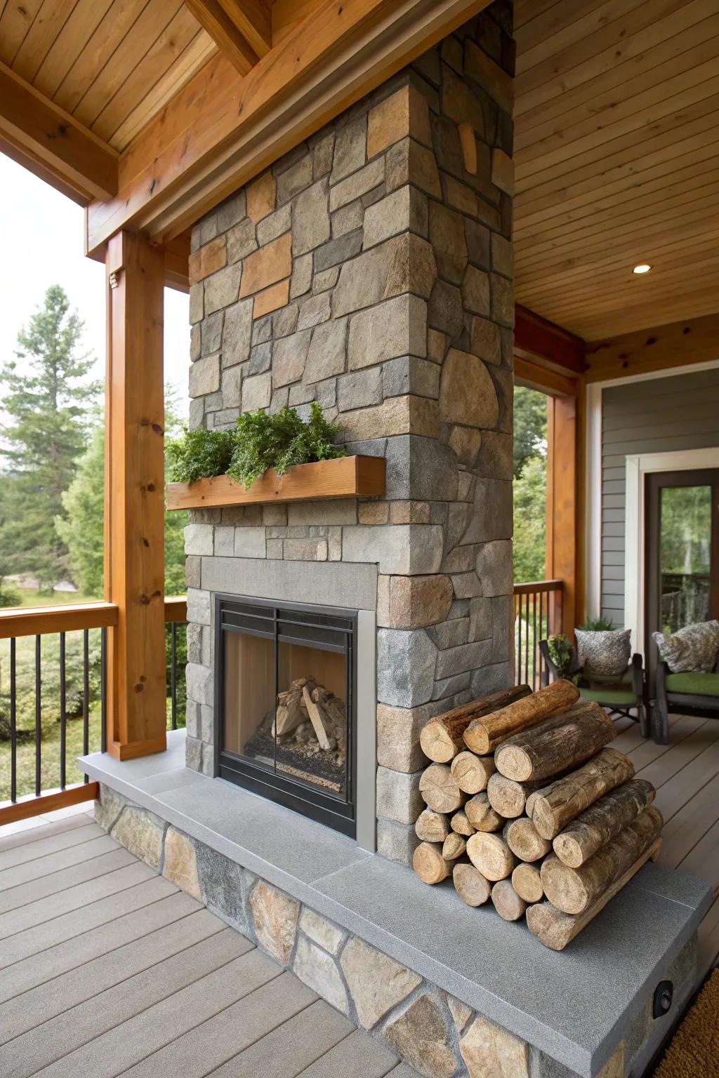 Achieve balance with a wood and stone fireplace combination.