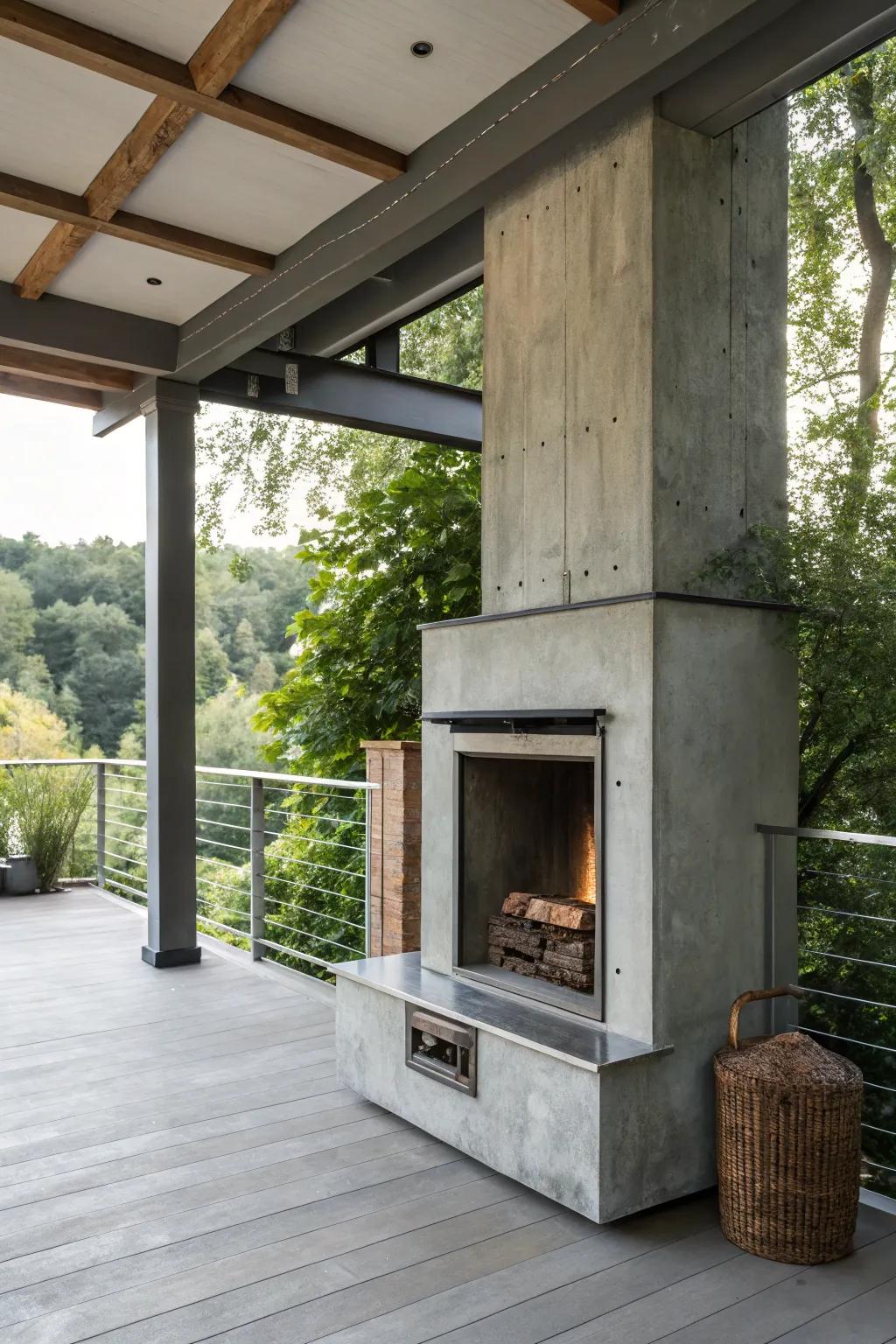 Infuse your porch with a trendy industrial chic fireplace.