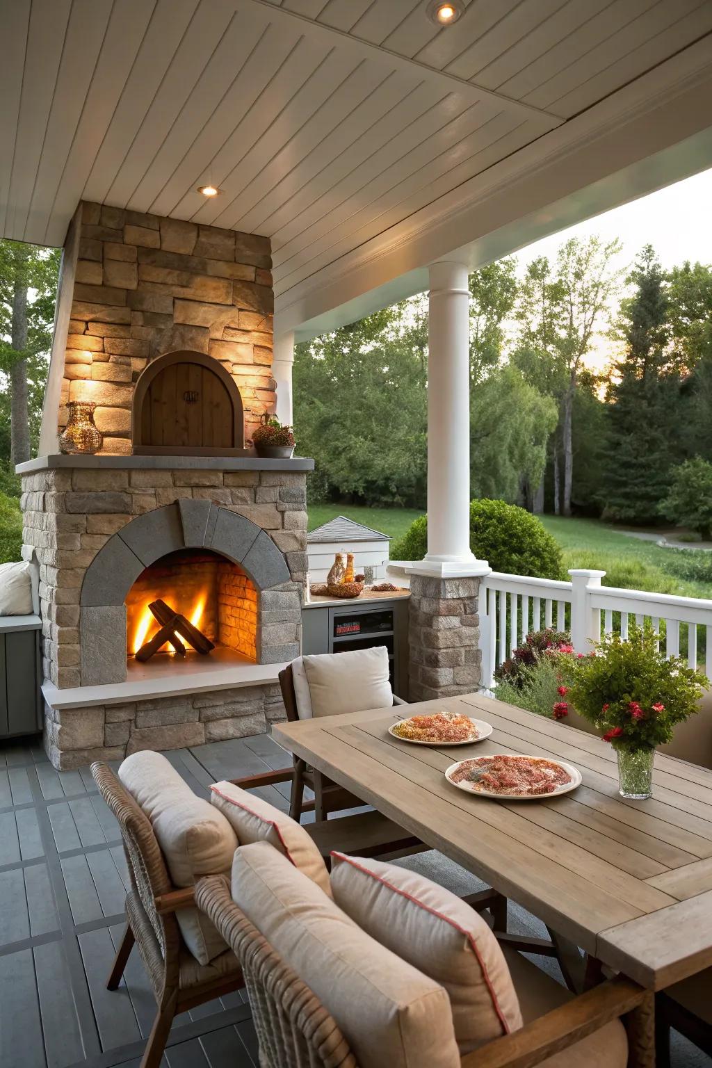 Combine warmth and cooking with a fireplace and pizza oven on your porch.