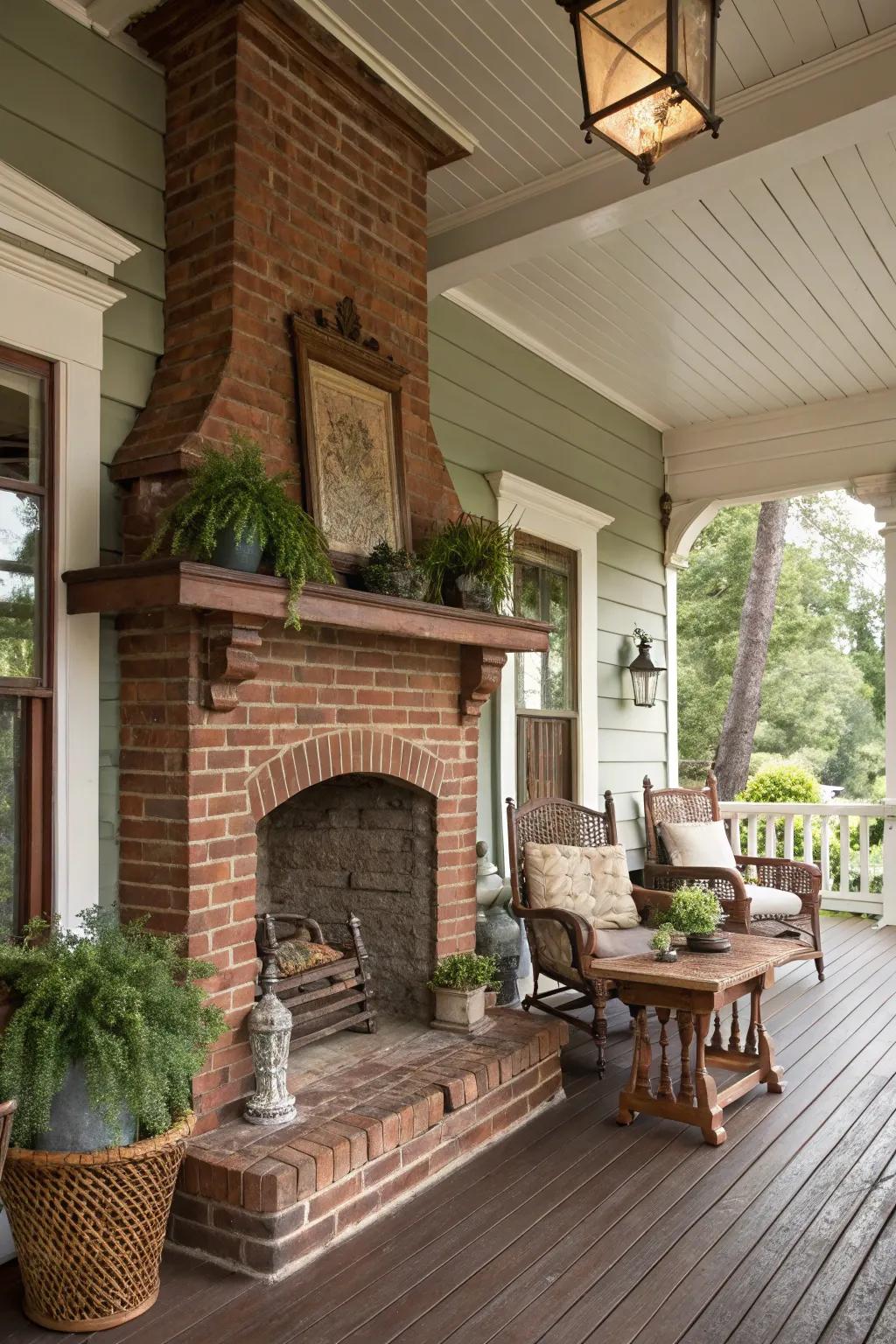 Add nostalgic charm with a traditional brick fireplace on your porch.