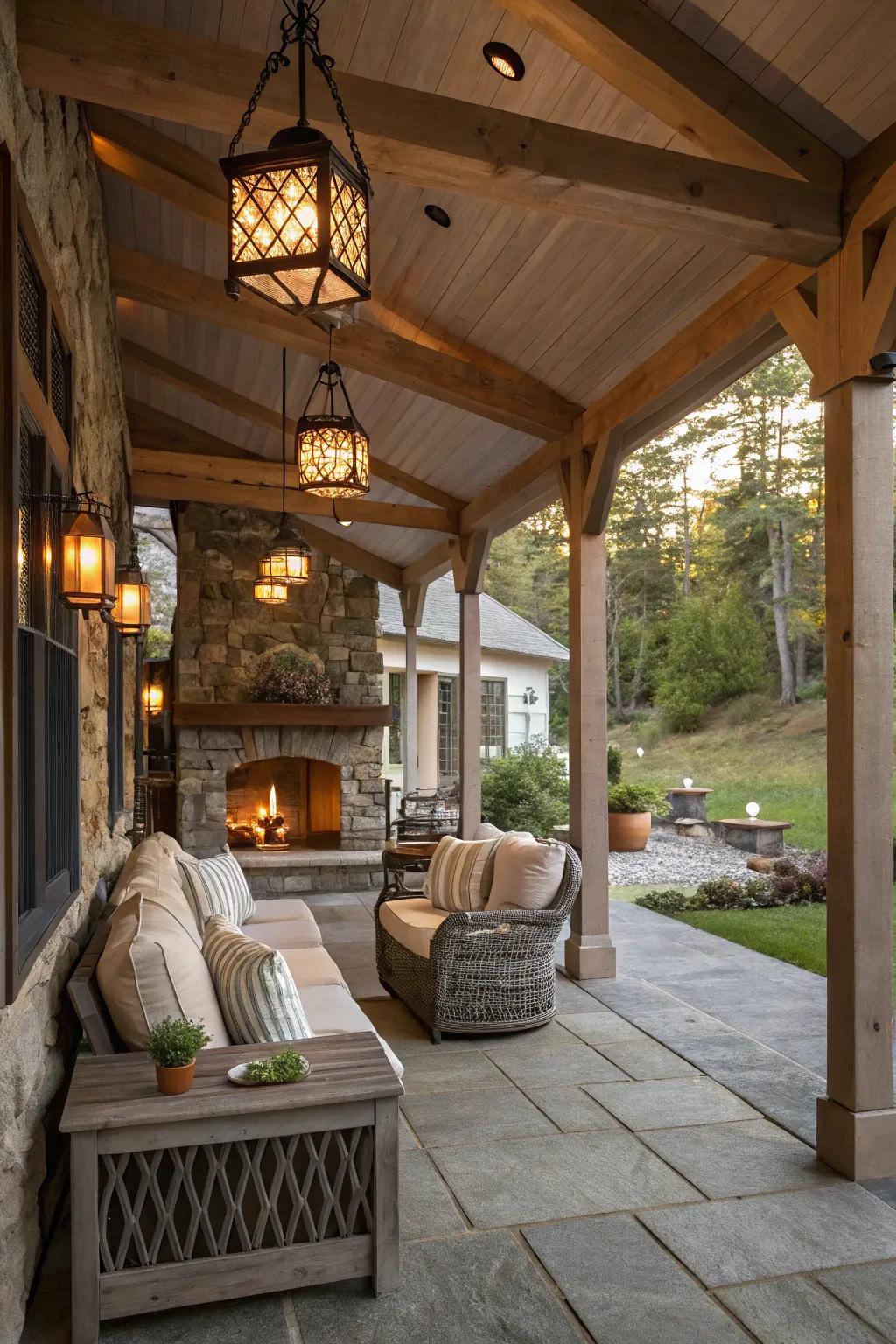 Enjoy your porch and fireplace in all weather under a covered shelter.