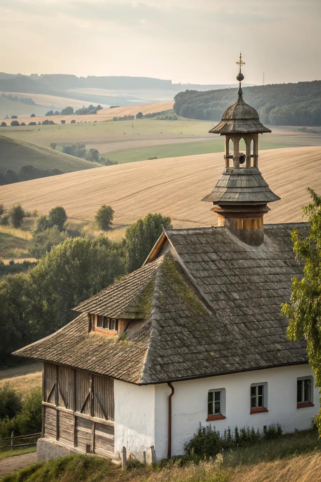 A wooden cupola adds a rustic charm to this farmhouse.