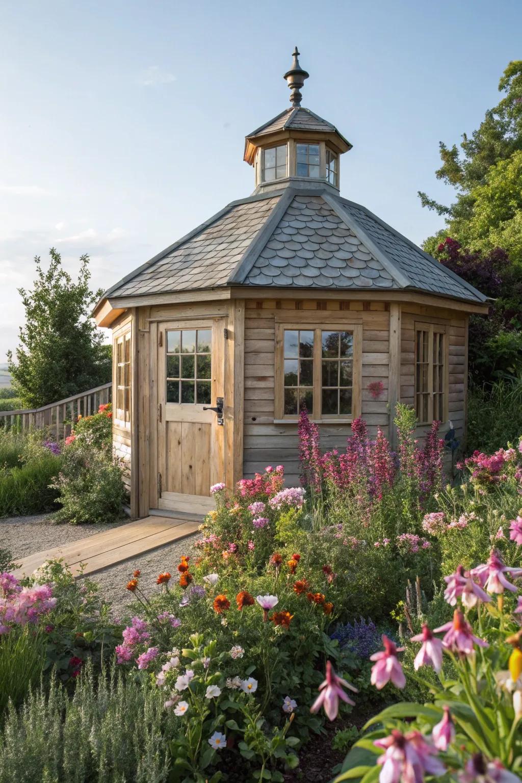A hexagonal cupola brings a unique charm to this garden studio.