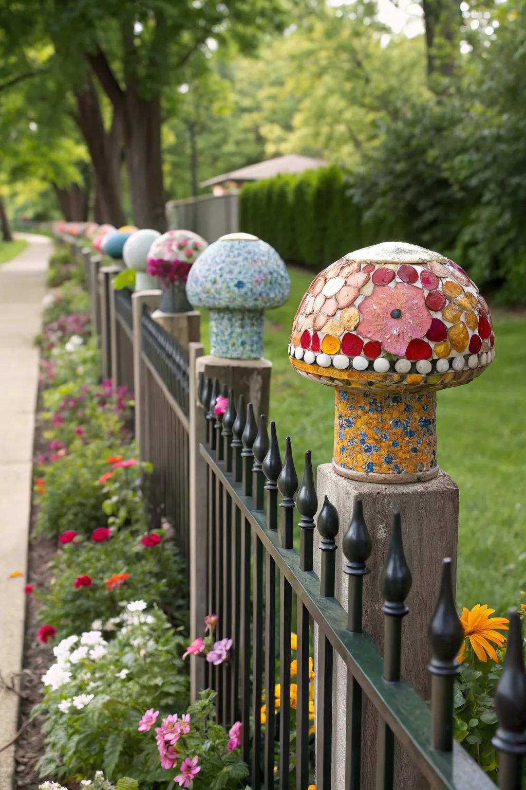 Infuse art into your fence with mosaic post caps.