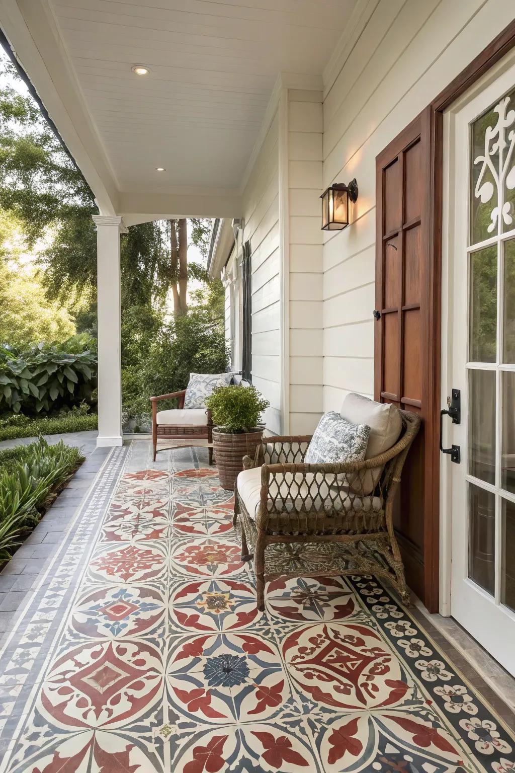Patterned tiles adding character to a small porch.