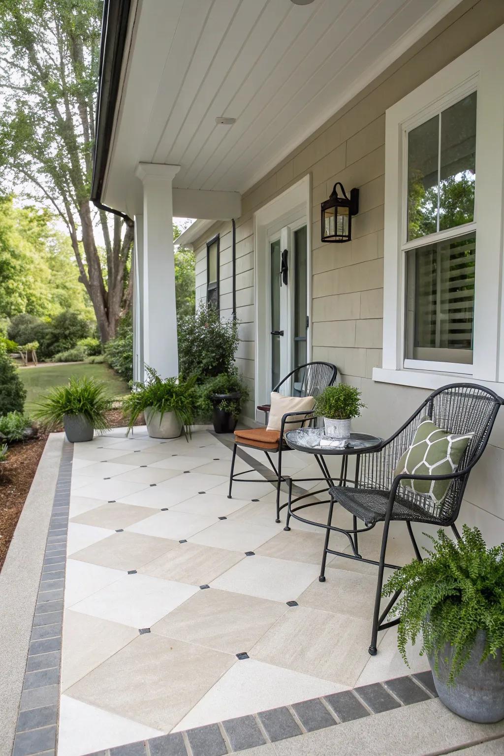 A minimalist porch with clean lines and neutral tiles.