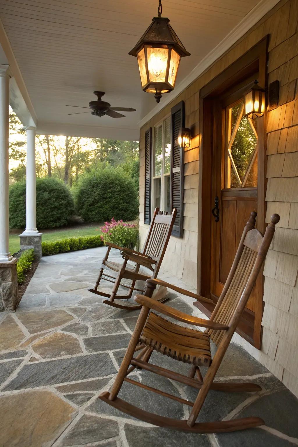 A rustic porch showcasing the beauty of natural stone tiles.