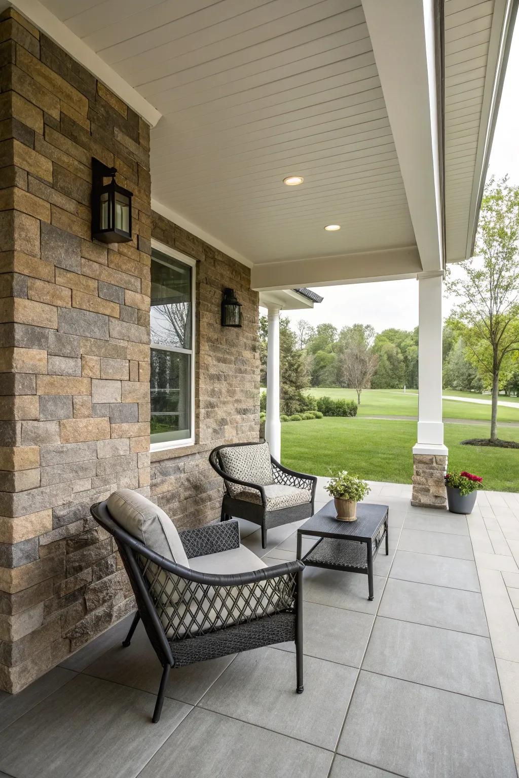 A textured, modern porch with split face tiles.
