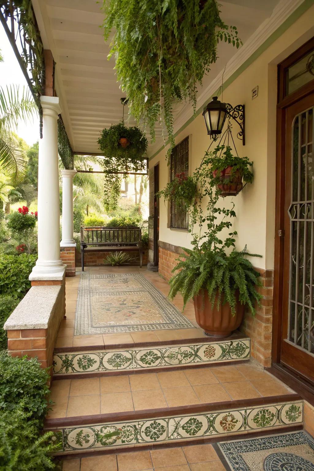A sophisticated porch with decorative tile borders.
