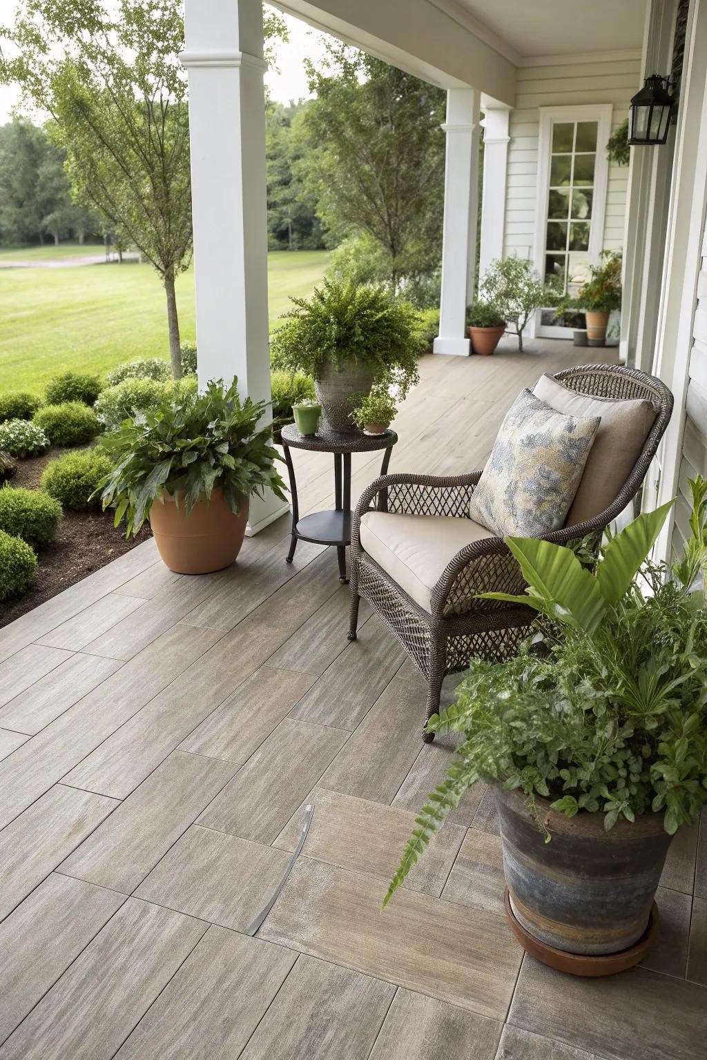 Durable and stylish, porcelain tiles on a bustling porch.
