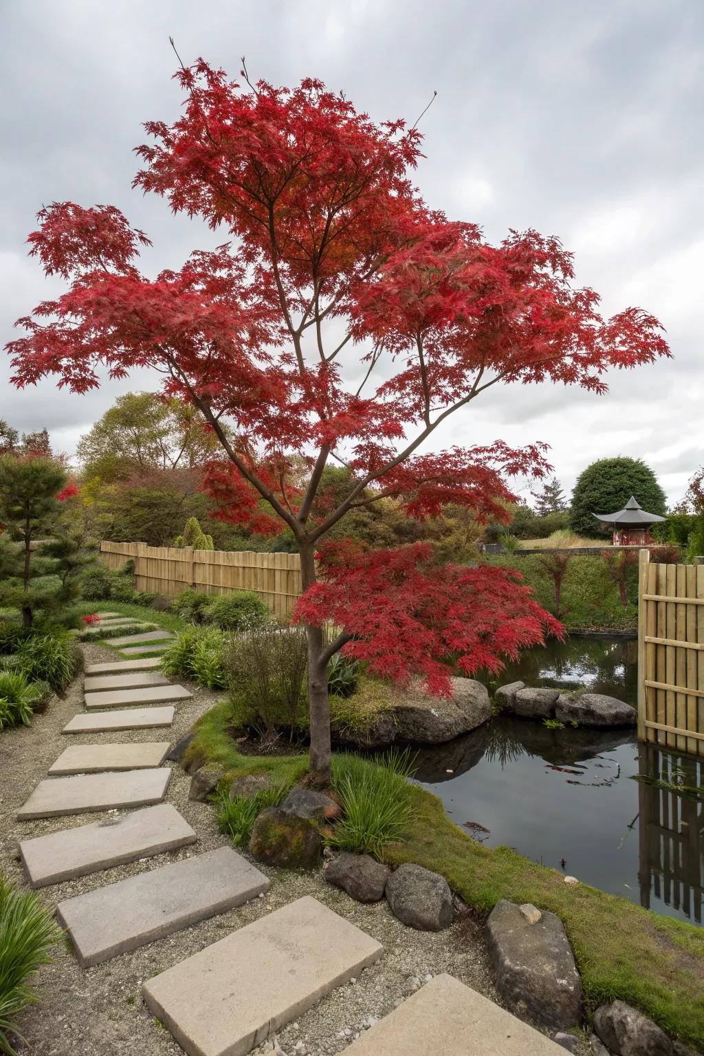 Japanese maples add a pop of color and elegance.