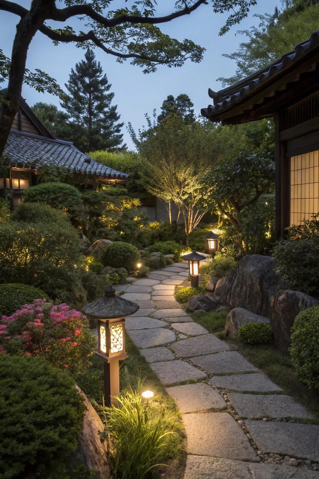 Soft lighting transforms the garden at night.