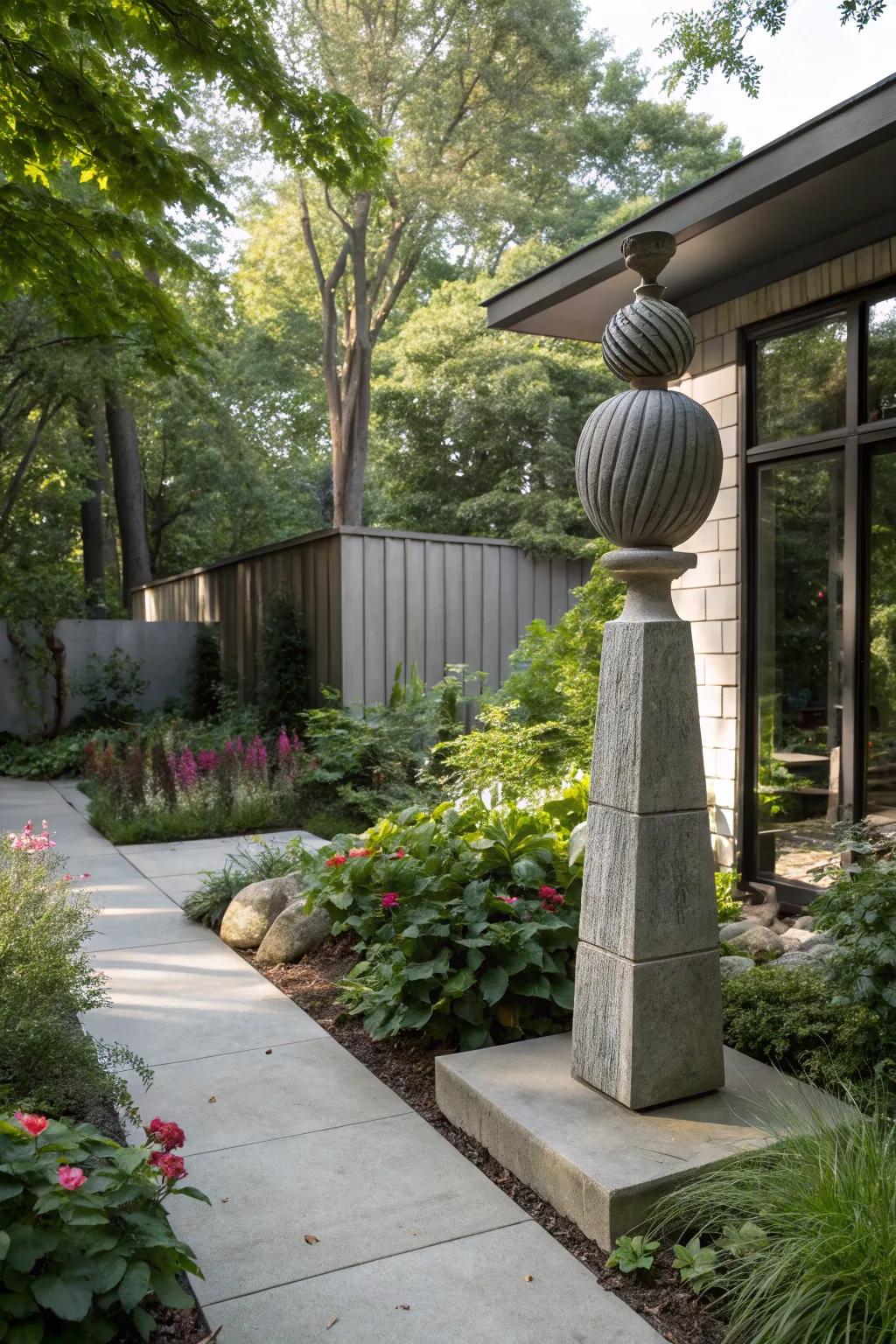 Concrete sculptures add artistic flair and personality.