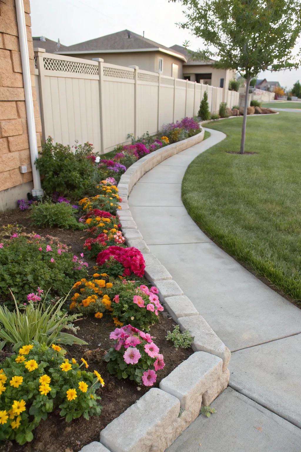 Concrete edging provides a clean, defined look for flower beds.