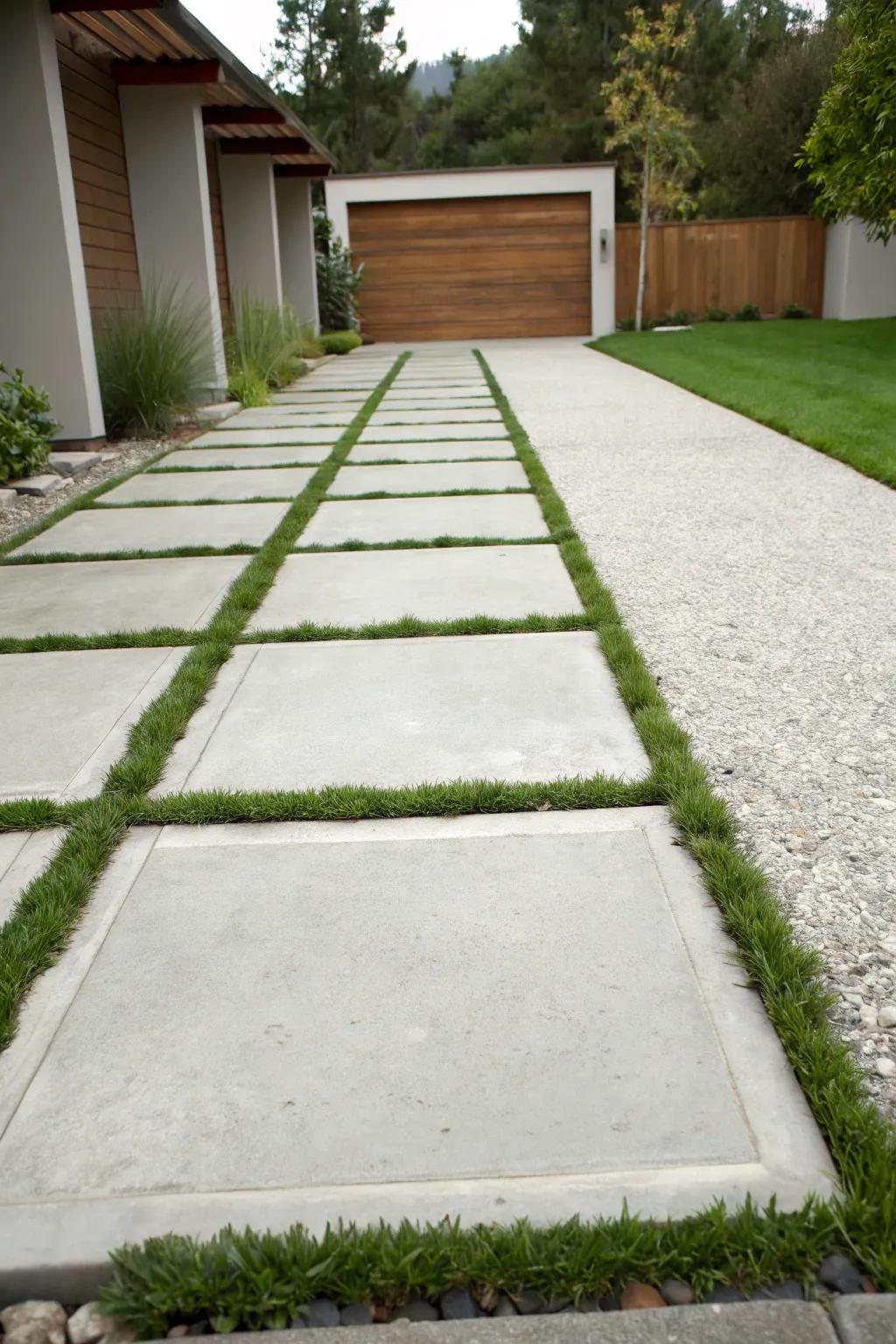 A minimalist driveway with large slabs.
