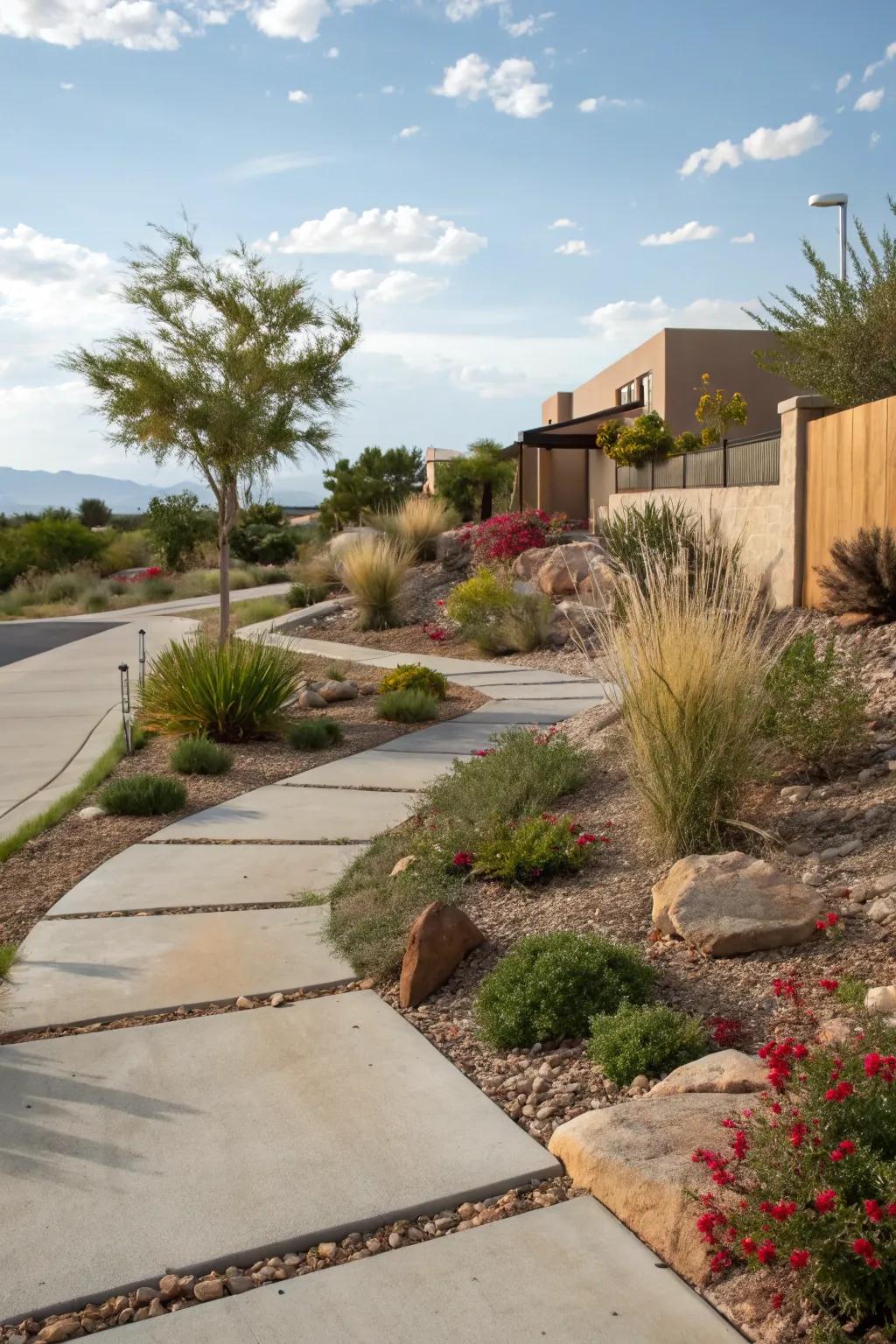 A desert dream driveway with xeriscape elements.