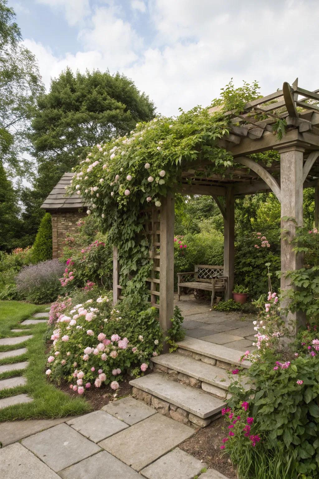 A cozy corner nook with a charming pergola.