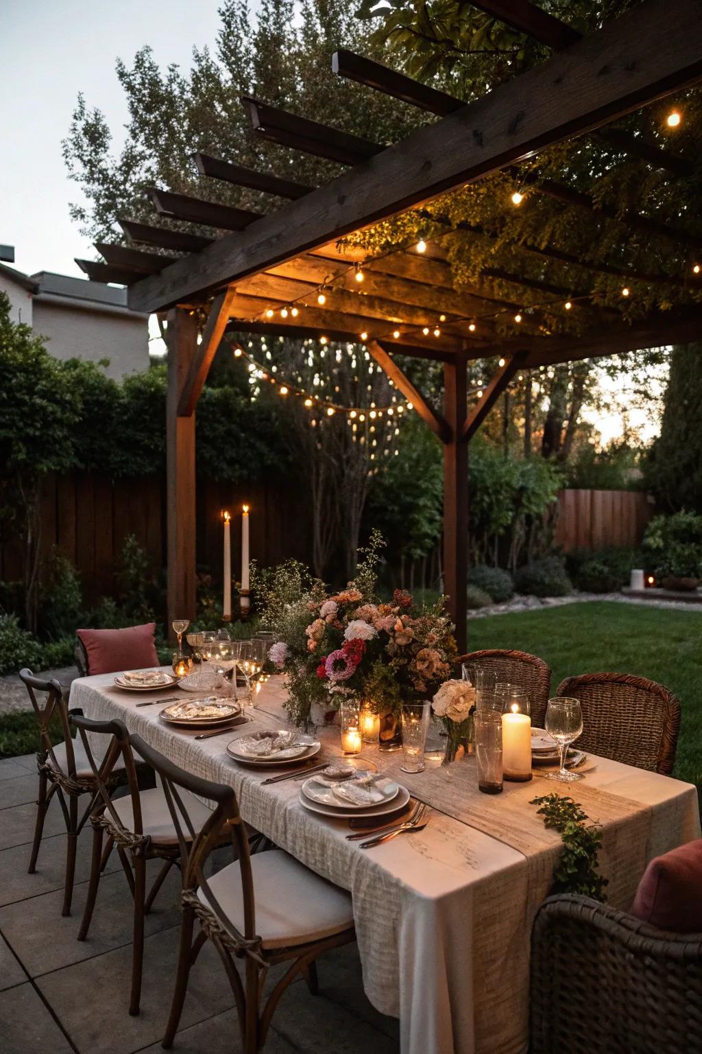 Dine in style under a beautifully lit pergola.