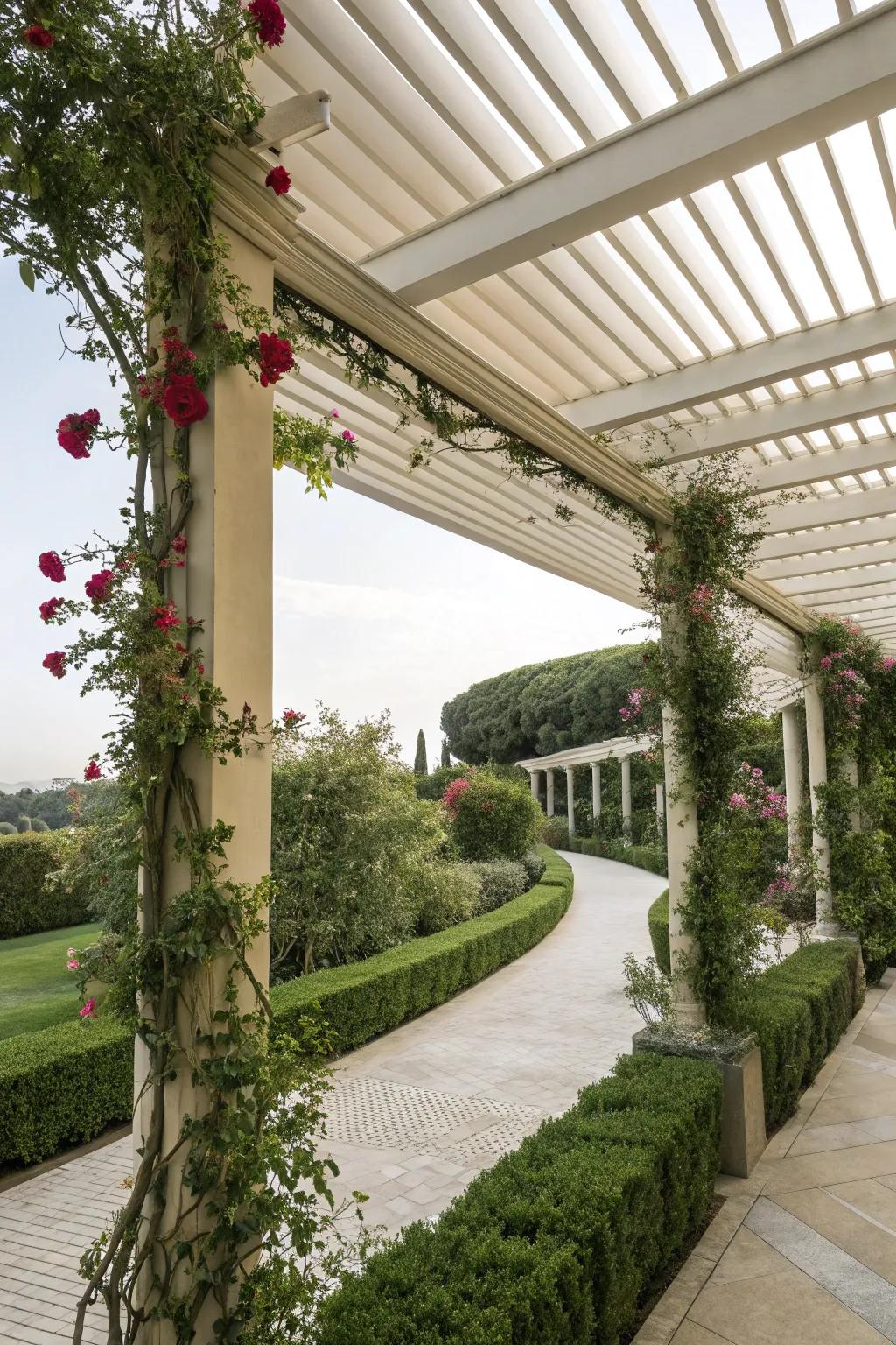 Adaptable shade with a pergola featuring adjustable louvers.