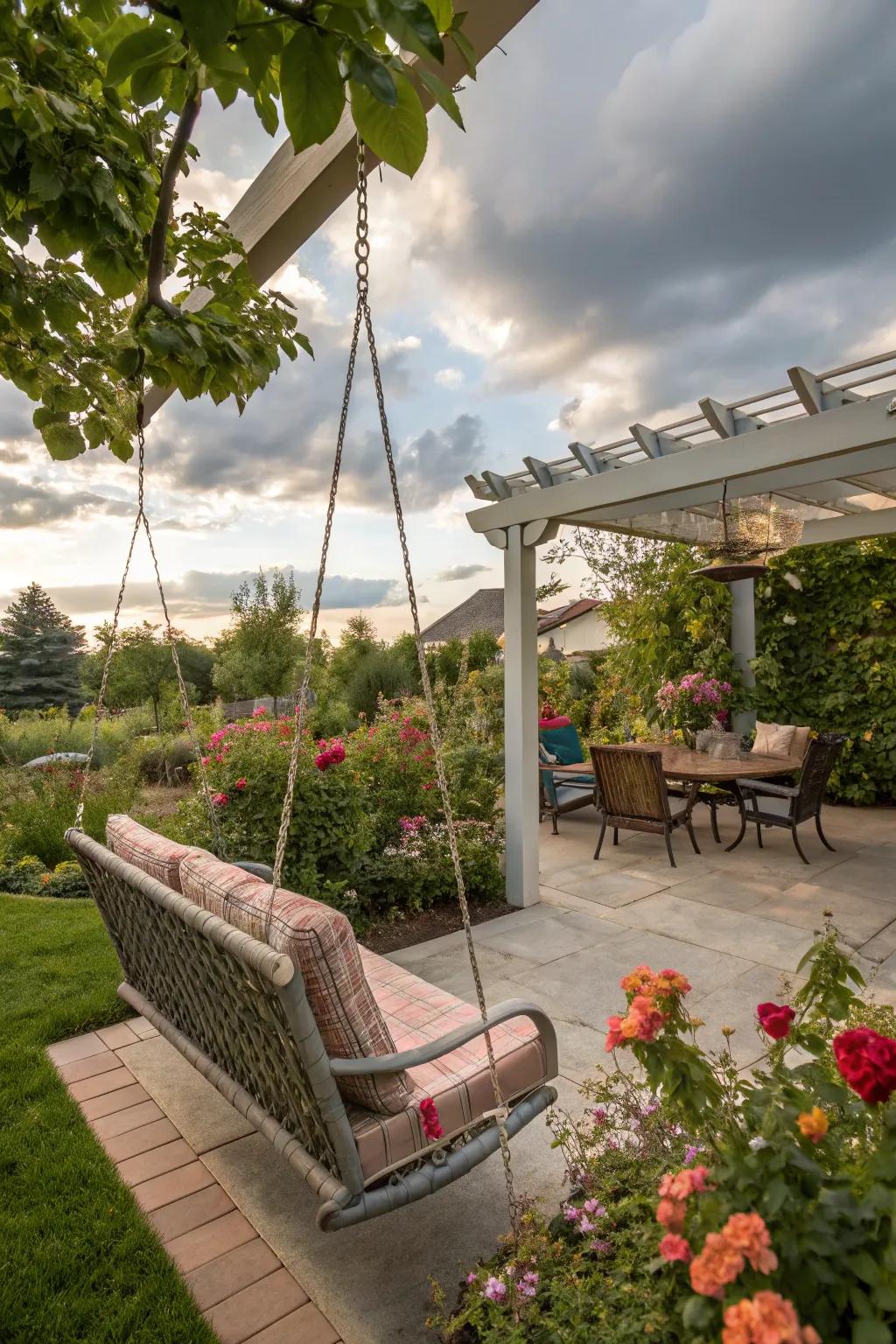 Add a playful touch with a swinging seat under your pergola.