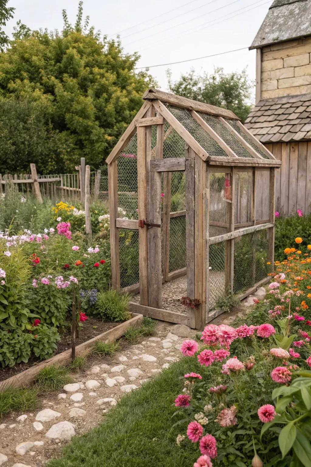 A wooden frame crop cage adds rustic charm to the garden.