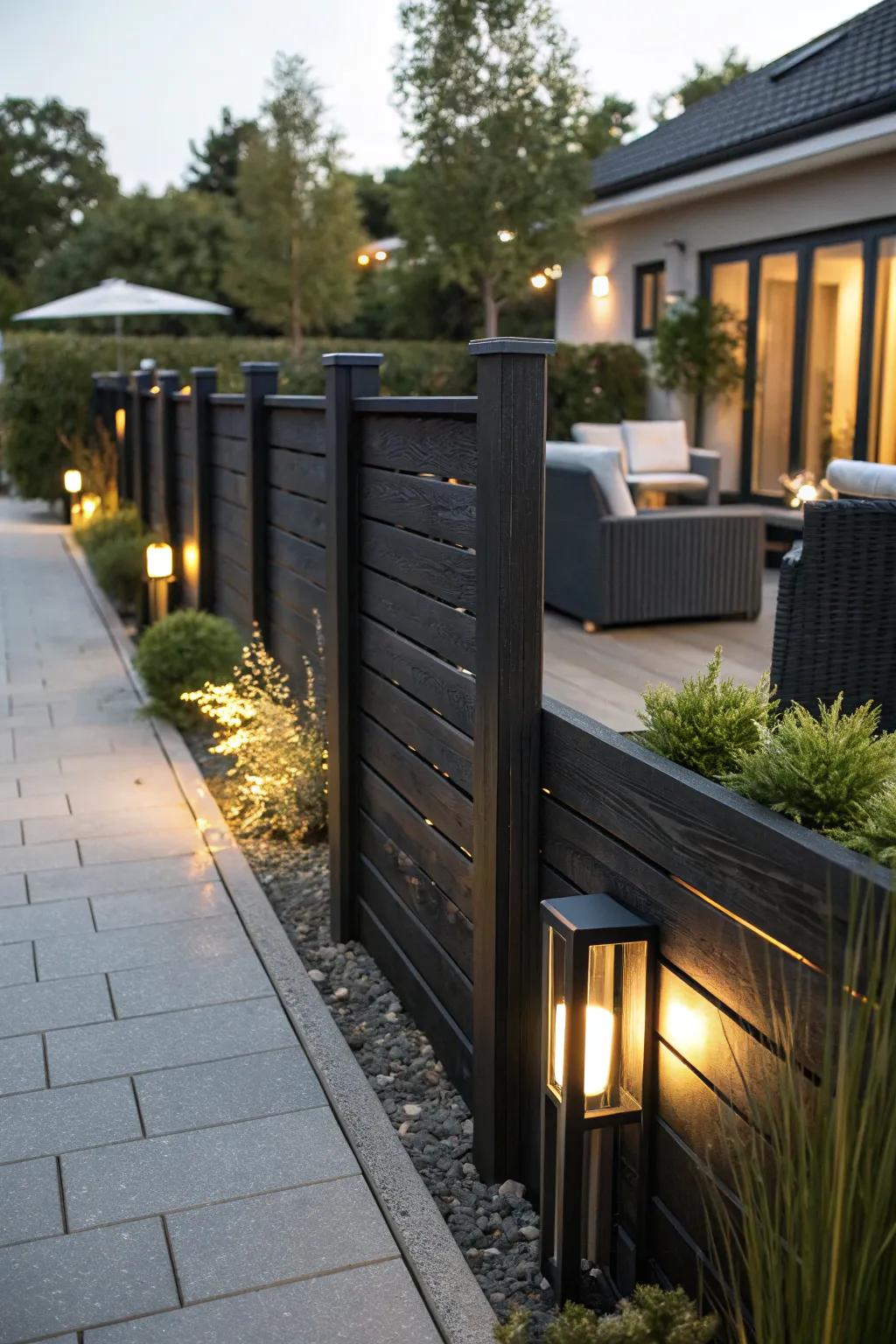 A black wood fence with integrated lighting creates a warm evening glow.