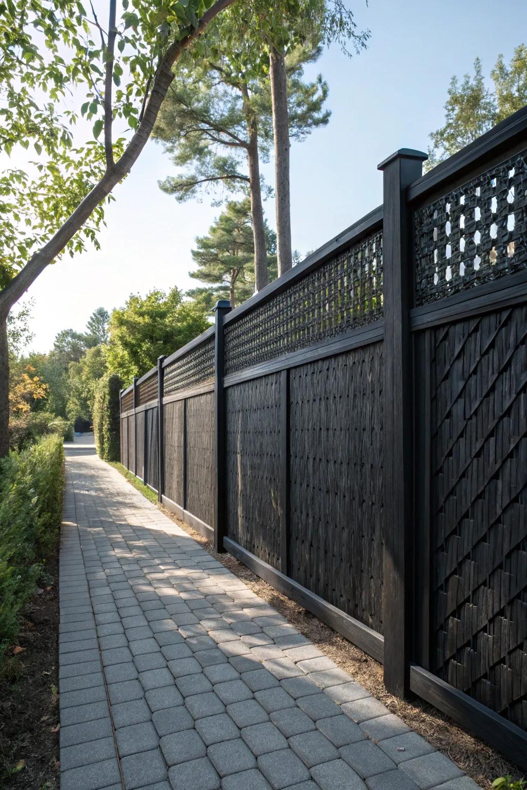 A woven pattern adds unique texture to a black wood fence.