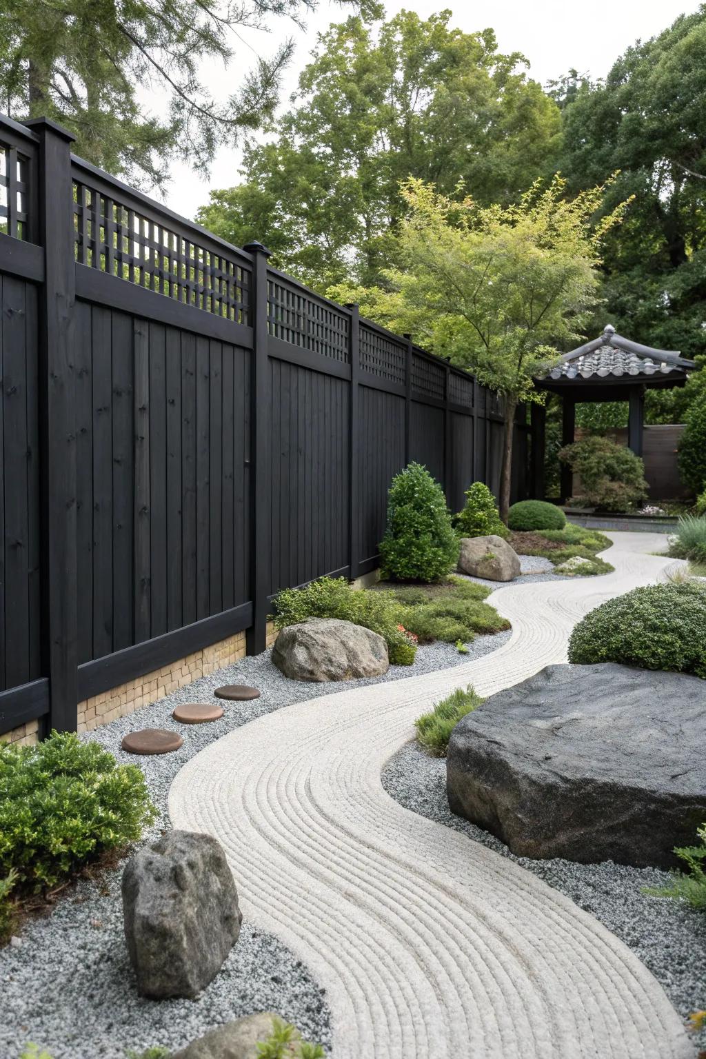 A black fence complements the tranquility of a minimalist Zen garden.