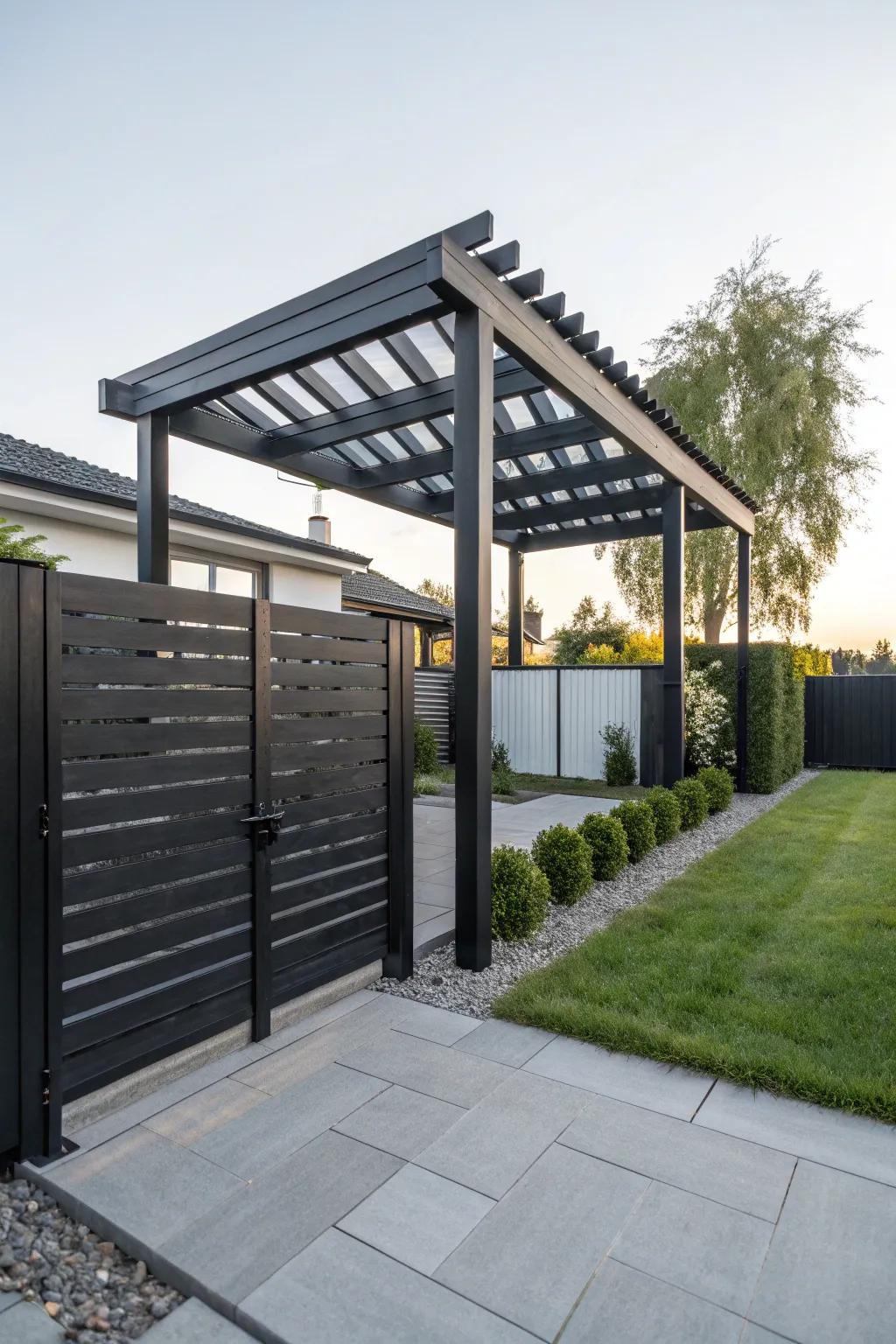 A sleek pergola pairs perfectly with a modern black wood fence.